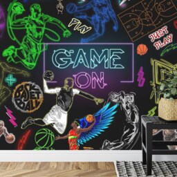 Neon Basketball Mural, Urban Gym Decor, Peel & Stick Wallpaper - thumbnail 3