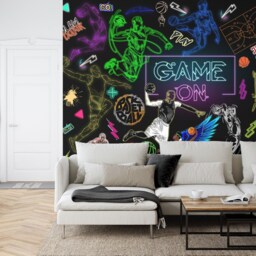Neon Basketball Mural, Urban Gym Decor, Peel & Stick Wallpaper - thumbnail 2