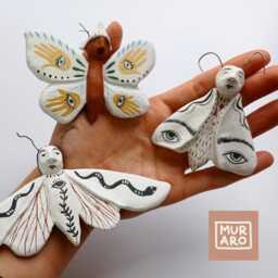 Handmade Ceramic Human Moth Wall Art Whimsical Terracotta Sculpture Set