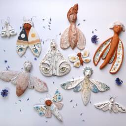 Handmade Ceramic Human Moth Wall Art Whimsical Terracotta Sculpture Set - thumbnail 3