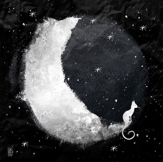 Cat & Moon Print - 21x30 Cats Art Print Wall Decor Draws Animals Illustrations - image 1