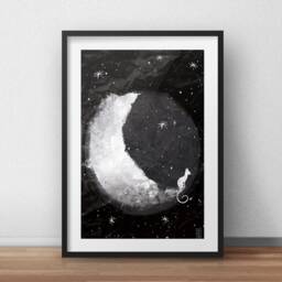 Cat & Moon Print - 21x30 Cats Art Print Wall Decor Draws Animals Illustrations - thumbnail 2