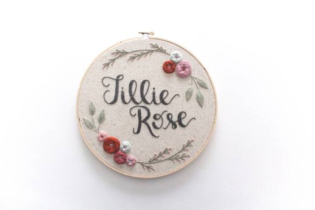 Calligraphy Style Baby Name Floral Embroidery Hoop. Shower Gift. Wall Art. Nursery Hanging - image 1