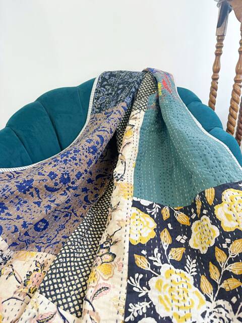 Kantha Stitch Patchwork Pure Cotton Reversible Bed Sofa Picnic Kids Room Throw Single Twin Dohar Floral -Artisan Blue Beige Aqua Multicolour - image 1