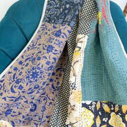 Kantha Stitch Patchwork Pure Cotton Reversible Bed Sofa Picnic Kids Room Throw Single Twin Dohar Floral -Artisan Blue Beige Aqua Multicolour - thumbnail 4