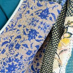 Kantha Stitch Patchwork Pure Cotton Reversible Bed Sofa Picnic Kids Room Throw Single Twin Dohar Floral -Artisan Blue Beige Aqua Multicolour - thumbnail 3