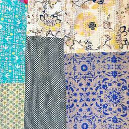 Kantha Stitch Patchwork Pure Cotton Reversible Bed Sofa Picnic Kids Room Throw Single Twin Dohar Floral -Artisan Blue Beige Aqua Multicolour - thumbnail 2