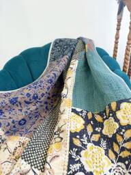 Kantha Stitch Patchwork Pure Cotton Reversible Bed Sofa Picnic Kids Room Throw Single Twin Dohar Floral -Artisan Blue Beige Aqua Multicolour