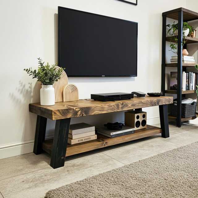 Handmade Rustic Wood Tv Stand With Shelving Storage - Farmhouse Industrial Media Unit UK - image 1