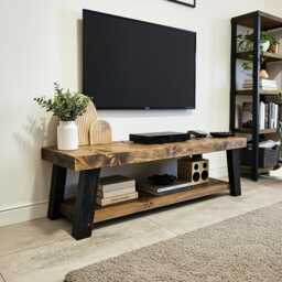 Handmade Rustic Wood Tv Stand With Shelving Storage - Farmhouse Industrial Media Unit UK - thumbnail 1