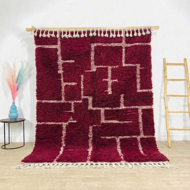 Deep Burgundy & White Abstract Moroccan Rug, Minimalist Geometric Berber Carpet, Large Handmade Wool Shag Modern Bold Decor - image 1