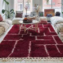 Deep Burgundy & White Abstract Moroccan Rug, Minimalist Geometric Berber Carpet, Large Handmade Wool Shag Modern Bold Decor - thumbnail 3