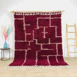 Deep Burgundy & White Abstract Moroccan Rug, Minimalist Geometric Berber Carpet, Large Handmade Wool Shag Modern Bold Decor