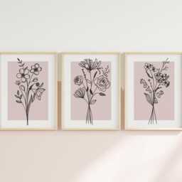 Pink Wall Art. Set Of 3 Prints. Botanical Wildflower Posters. Plant Blush Home Decor, Flower Line Art, Bedroom Decor - thumbnail 3