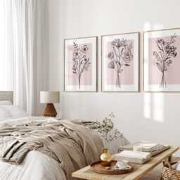 Pink Wall Art. Set Of 3 Prints. Botanical Wildflower Posters. Plant Blush Home Decor, Flower Line Art, Bedroom Decor - thumbnail 2