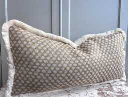 Cushions Made in Fermoie Wicker Luxury Designer Decorative Beige Linen Cushion Pillow Throw Cover Brush Fringe - thumbnail 1