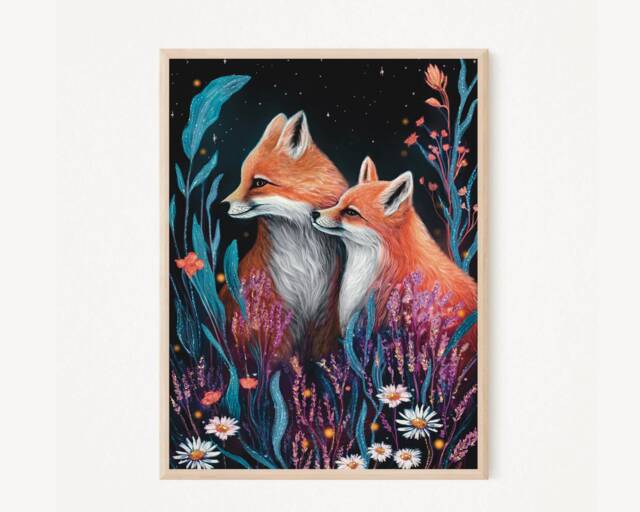 A4 A5 Fox Print - Wall Art Home Decor Gift Woodland Wildlife Print Spring Forest Two Foxes Love - image 1