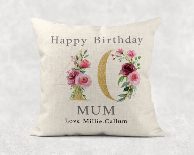 Personalised Floral Birthday Pillow Gold Linen Cushion For Mum, Nan, Grandma - image 1
