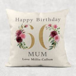Personalised Floral Birthday Pillow Gold Linen Cushion For Mum, Nan, Grandma - thumbnail 2