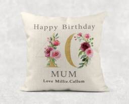 Personalised Floral Birthday Pillow Gold Linen Cushion For Mum, Nan, Grandma
