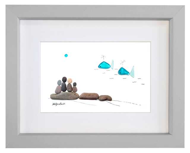 Whale Watching - Pebble Art & Sea Glass Picture Handmade Wall Decor - image 1