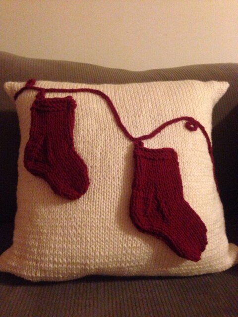 Hand Knit Christmas Stockings Pillow Cream & Burgundy Holiday Decor - image 1
