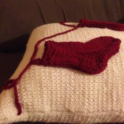Hand Knit Christmas Stockings Pillow Cream & Burgundy Holiday Decor - thumbnail 3
