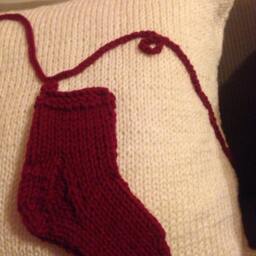Hand Knit Christmas Stockings Pillow Cream & Burgundy Holiday Decor - thumbnail 2