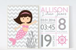 Mermaid Birth Stats Print Pink Nursery Decor, Girls Room Wall Art - thumbnail 1