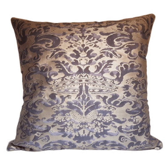 Throw Pillow Cushion Cover Fortuny Fabric Grey & Silvery Gold Corone Pattern - Made in Italy - image 1