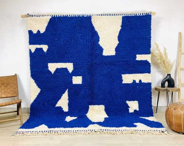Blue White Abstract Moroccan Shag Rug - Berber Rugs Wool Large Living Room Area Modern Boho Decor - image 1