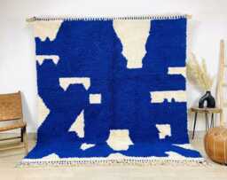 Blue White Abstract Moroccan Shag Rug - Berber Rugs Wool Large Living Room Area Modern Boho Decor - thumbnail 1