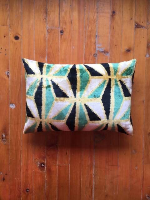 Green Gold Ikat Velvet Pillow Cover Handwoven Uzbek Cushion - image 1