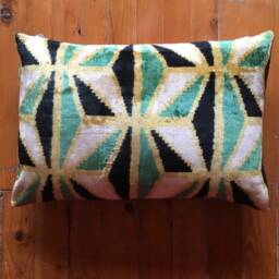Green Gold Ikat Velvet Pillow Cover Handwoven Uzbek Cushion - thumbnail 2