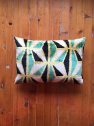 Green Gold Ikat Velvet Pillow Cover Handwoven Uzbek Cushion - thumbnail 1