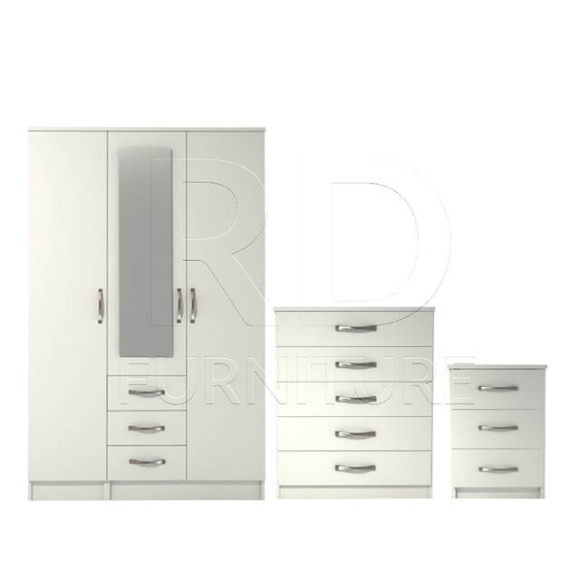 Bedroom Set, Whitebedroom Set, White Wardrobe, Mirrored Chest Of Drawers & Bedside Table. Ready Assembled - image 1