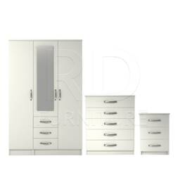 Bedroom Set, Whitebedroom Set, White Wardrobe, Mirrored Chest Of Drawers & Bedside Table. Ready Assembled - thumbnail 1