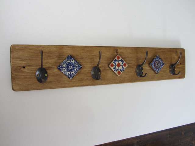 Mexican Style 4 Hook Coat Hooks/Robe Iron & Hand Painted Terracotta Tiles - Different Designs Available - image 1
