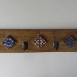 Mexican Style 4 Hook Coat Hooks/Robe Iron & Hand Painted Terracotta Tiles - Different Designs Available - thumbnail 2