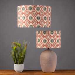 Mandala Motif Linen Print Lampshade. Indian Block-Print Floral in Terracotta/Rust Red. Cylinder Style Shade. 30cm & 40cm Sizes Available