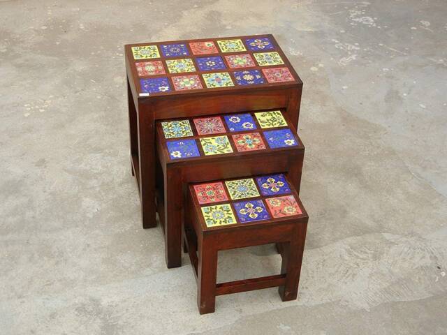 Wooden & Ceramic Nesting Stools Set Of 3 - Contemporary Indian Style Side & End Tables For Living Room - image 1