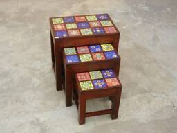 Wooden & Ceramic Nesting Stools Set Of 3 - Contemporary Indian Style Side & End Tables For Living Room
