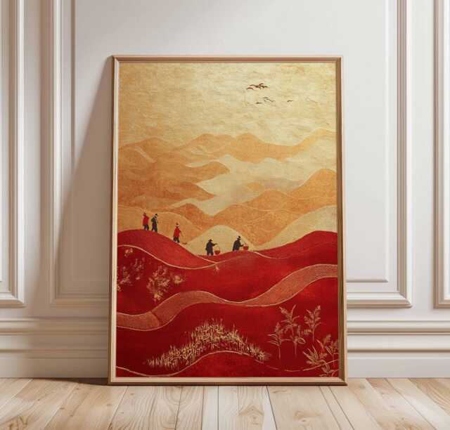 Red Mountain Journey Poster, Asian Landscape Art, Gold & Print, Traditional Hiking Scene, Eastern Wall Decor, Abstract Nature Print - image 1
