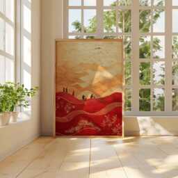 Red Mountain Journey Poster, Asian Landscape Art, Gold & Print, Traditional Hiking Scene, Eastern Wall Decor, Abstract Nature Print - thumbnail 3