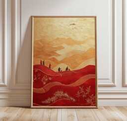 Red Mountain Journey Poster, Asian Landscape Art, Gold & Print, Traditional Hiking Scene, Eastern Wall Decor, Abstract Nature Print - thumbnail 1