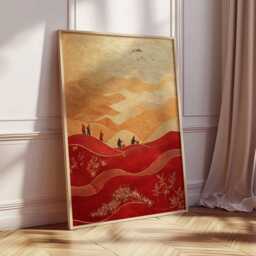 Red Mountain Journey Poster, Asian Landscape Art, Gold & Print, Traditional Hiking Scene, Eastern Wall Decor, Abstract Nature Print - thumbnail 2