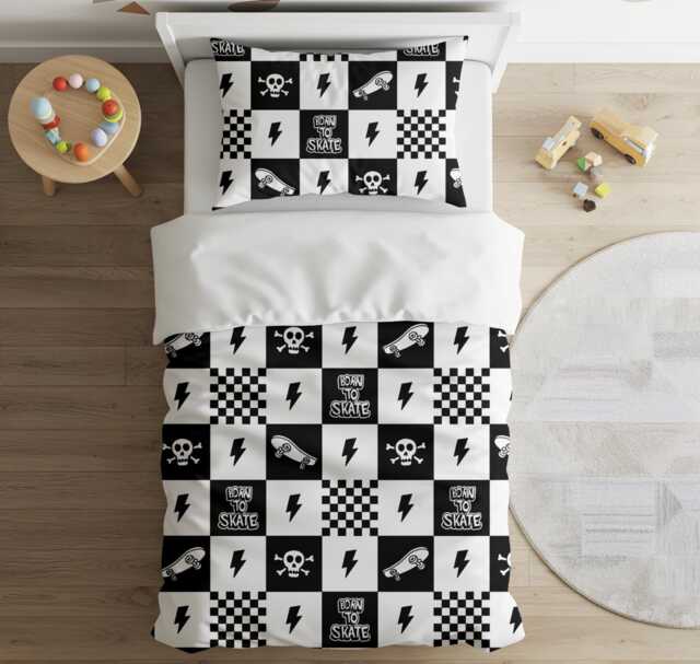 Born To Skate - Black Checkered - Almost Black Bedding, Duvet Covers, Fitted Sheets, Skateboard, Cool Childrens Decor, Bedding - image 1
