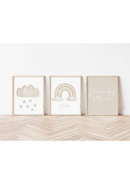 Neutral Nursery Prints - Gender Decor Beige Rainbow Set Of Three Wall Art & Cloud - image 1