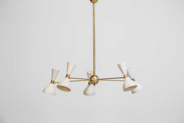 Mid Century Modern Chandelier - White & Brass Stilnovo Style Diabolo Pendant Light 5-Arm Sputnik Ceiling Fixture Handcrafted Lighting - image 1