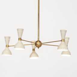 Mid Century Modern Chandelier - White & Brass Stilnovo Style Diabolo Pendant Light 5-Arm Sputnik Ceiling Fixture Handcrafted Lighting - thumbnail 2